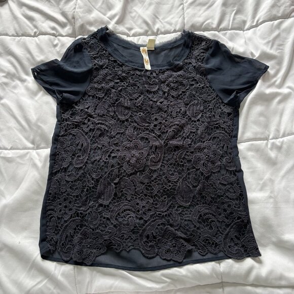 Adiva Sheer Lace Overlay Navy Blue Top Blouse Womens Size Small Vintage Y2K 90s - Picture 1 of 6
